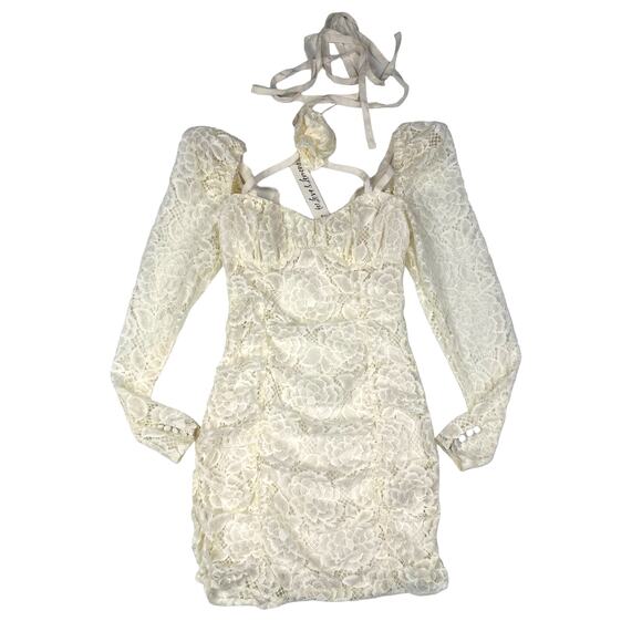 For Love & Lemons - Lace Rose Choker Long Sleeve Mini Dress in Ivory - Picture 1 of 7